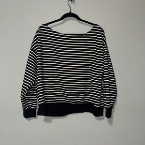American Eagle Striped Boat Neck Sweatshirt Womens L‎ Black White Relaxed Fit